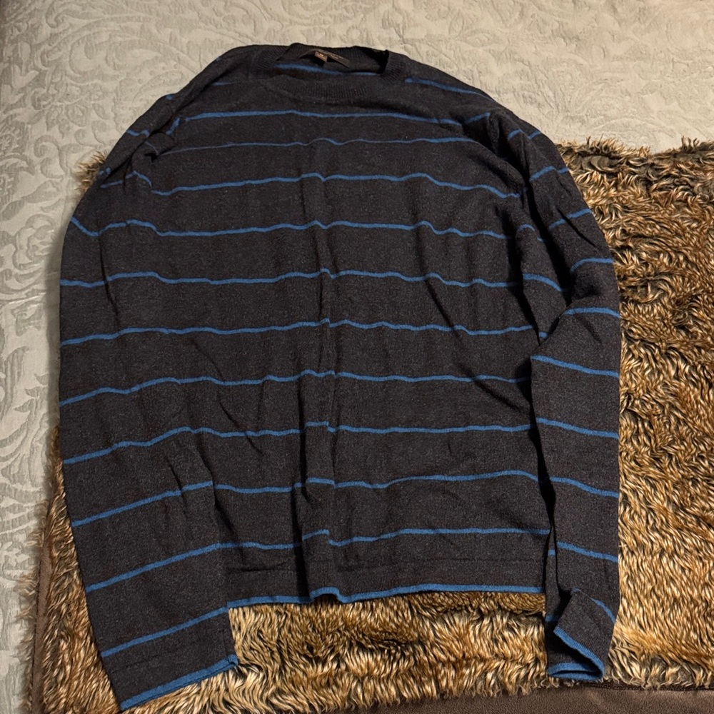 Men's Blue and Gray Striped Crewneck Sweater